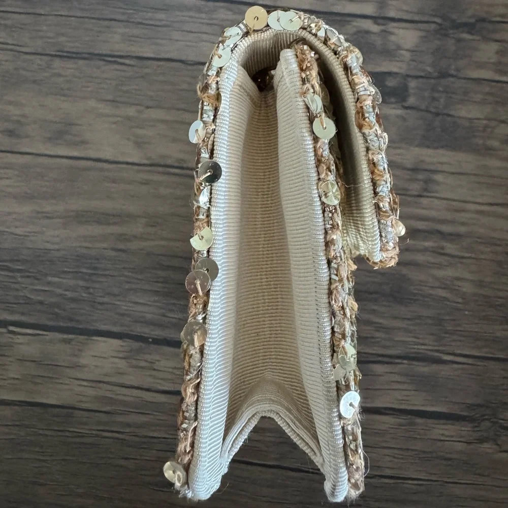 Vintage Chanel Micro Half Flap bag in gold sequin, ribbed satin, gold hardware